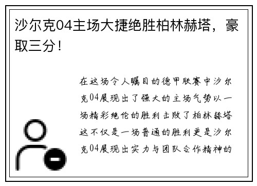 沙尔克04主场大捷绝胜柏林赫塔,豪取三分!