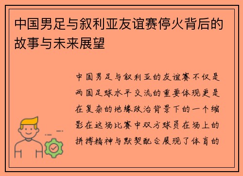 中国男足与叙利亚友谊赛停火背后的故事与未来展望