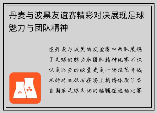 丹麦与波黑友谊赛精彩对决展现足球魅力与团队精神