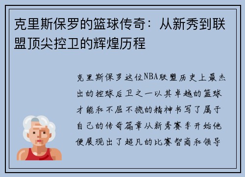 克里斯保罗的篮球传奇：从新秀到联盟顶尖控卫的辉煌历程