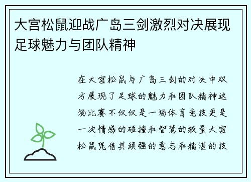 大宫松鼠迎战广岛三剑激烈对决展现足球魅力与团队精神