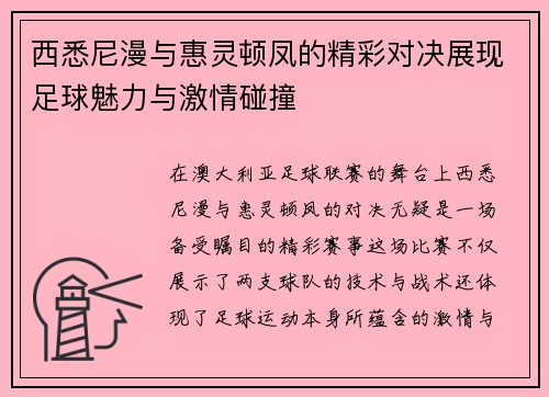 西悉尼漫与惠灵顿凤的精彩对决展现足球魅力与激情碰撞