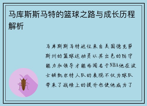 马库斯斯马特的篮球之路与成长历程解析