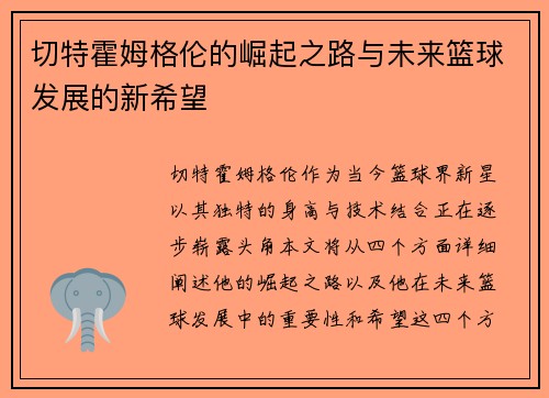 切特霍姆格伦的崛起之路与未来篮球发展的新希望