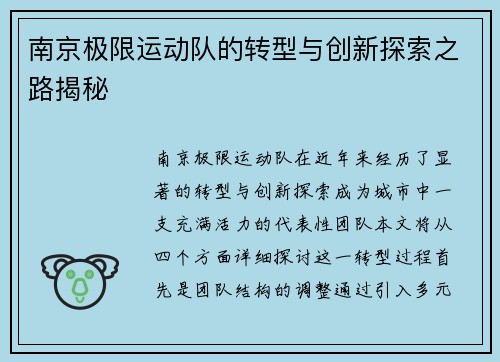 南京极限运动队的转型与创新探索之路揭秘