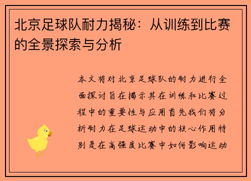 北京足球队耐力揭秘：从训练到比赛的全景探索与分析